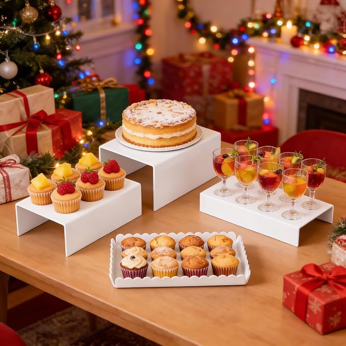 Food Display Stands, 4 PCS Acrylic Buffet Risers for Party Table, U-Shaped Tiered Acrylic Display Risers for Catering Dessert Drink Party Supply, Scalloped Serving Tray for Cupcake Fruit (Glossy White 4 PCS)