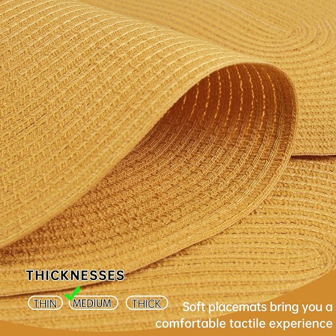 Placemats Set of 6, Woven Oval Braided Dining Table Mats(Mustard Yellow) | 12 x 17.5 Inch Size Fits Plates and Flatware; Hand Washable and Heat Resistant for Kitchen Use, with Farmhouse and Boho Style