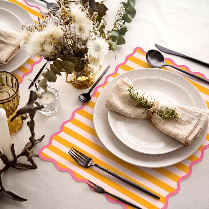 100 Pcs Italian Summer Party Decorations Orange Pink Stripe Scalloped Paper Placemats Disposable Place Mats for Summer Sunset Soiree Wedding Bridal Shower Party Home Table Kitchen Decor