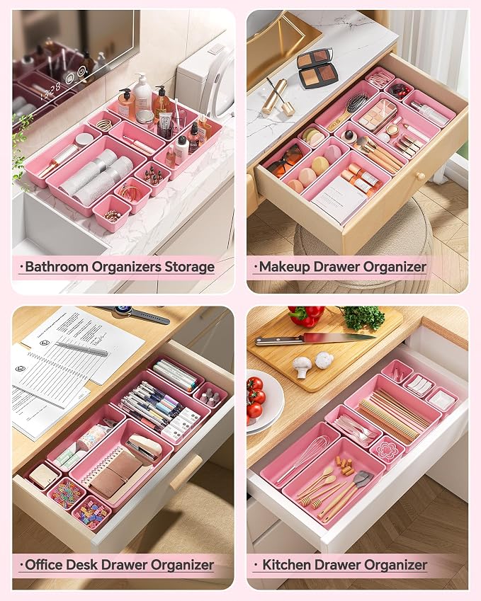 KEMETHY 25 PCS Plastic Drawer Organizers Set, 4 Sizes Vanity Organizer | Makeup and Desk Drawer Organizer Trays, Organization and Storage for Makeup, Bathroom, Kitchen Utensils and Office (Pink)