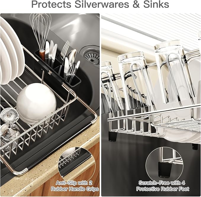 Dish Drying Rack Over The Sink with Utensil Holder, Drainboard | Expandable Stainless Steel Dish Drainer for Small Kitchen, Apartment, RV, Counter Space Saving, Perfect Fit, Rustproof