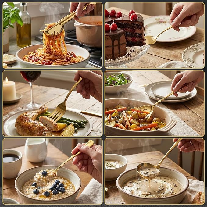 12 Pcs Gold Serving Utensils Set Include Stainless Steel Large Serving Spoons Slotted Spoons Forks Soup Ladle Pie Server - Metal Utensils for Parties Buffet Catering, Dishwasher Safe