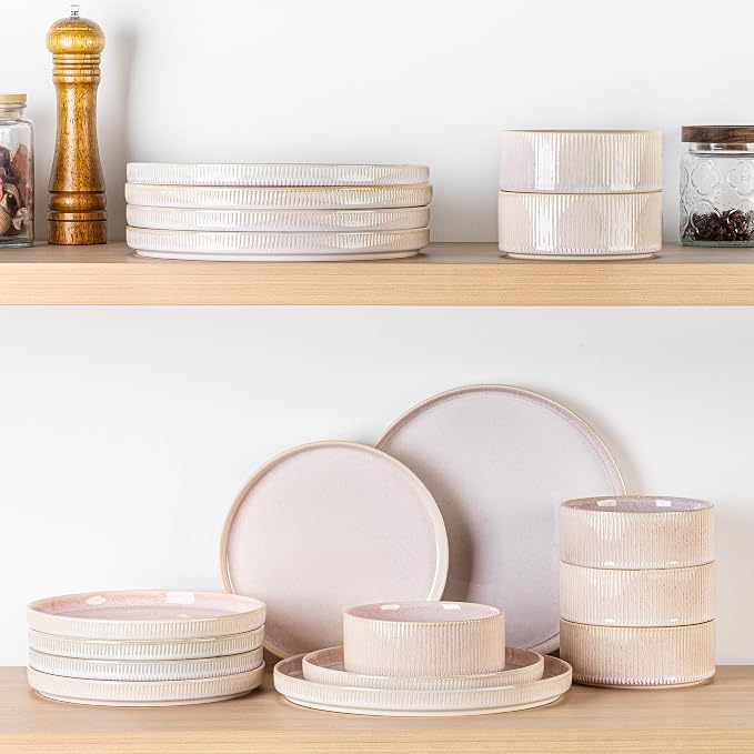 Ceramic Dinnerware Set for 4, 12-Piece Plates and Bowls Set | Lightweight Porcelain Dish Set, Scratch Resistant, Oven & Microwave & Dishwasher Safe, Primrose Pink