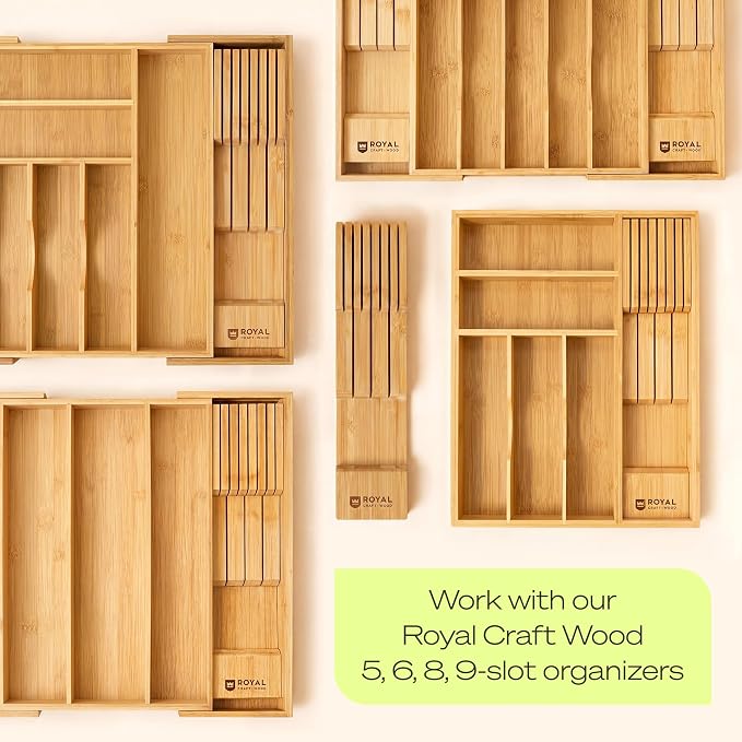 Bamboo In-Drawer Knife Block for 7 Knives – Premium Drawer Knife Organizer Insert, Kitchen Knife Holder for Safe Knife Storage, Compact Kitchen Organization & Drawer Storage