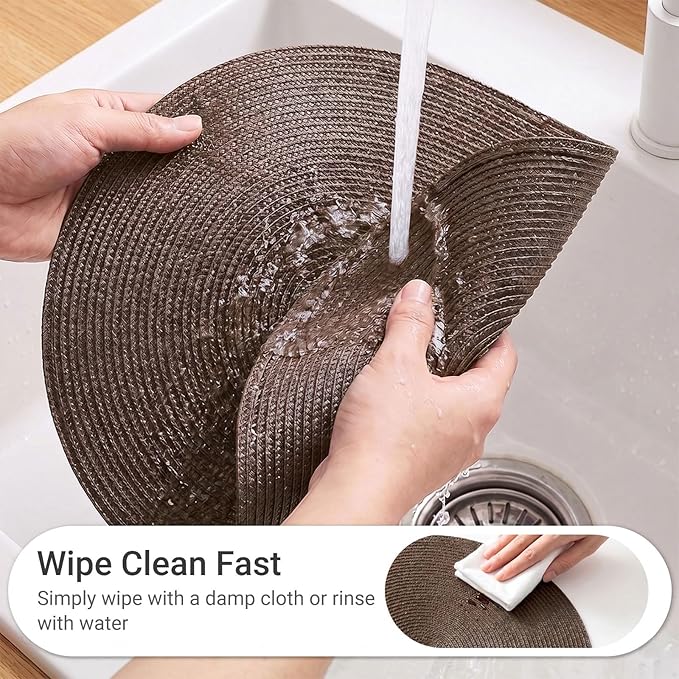 FunWheat Round Braided Placemats Set of 8 Place Mats for Dining Table Woven Washable Non-Slip Table Mats 15 Inch(Brown,8pcs)