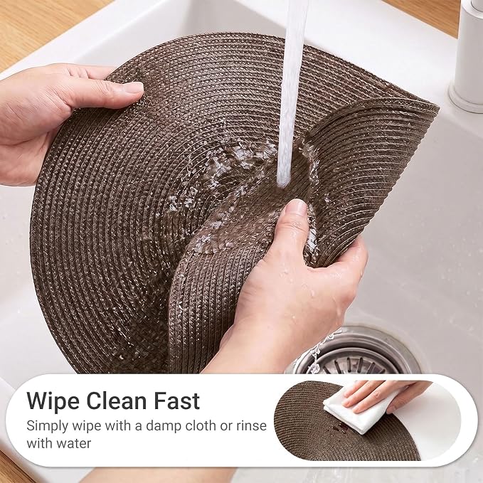 FunWheat Round Braided Placemats Set of 6 Table Mats for Dining Tables Woven Washable Non-Slip Place mats 15 inch (Brown, 6pcs)