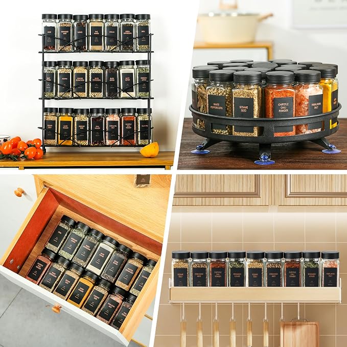 Spice Jars with Label，4oz Glass Spice Bottles With Shaker Lids，Seasoning Containers with Funnel, Chalk Pen for Cabinet，Drawer，Rack (Black, 24)