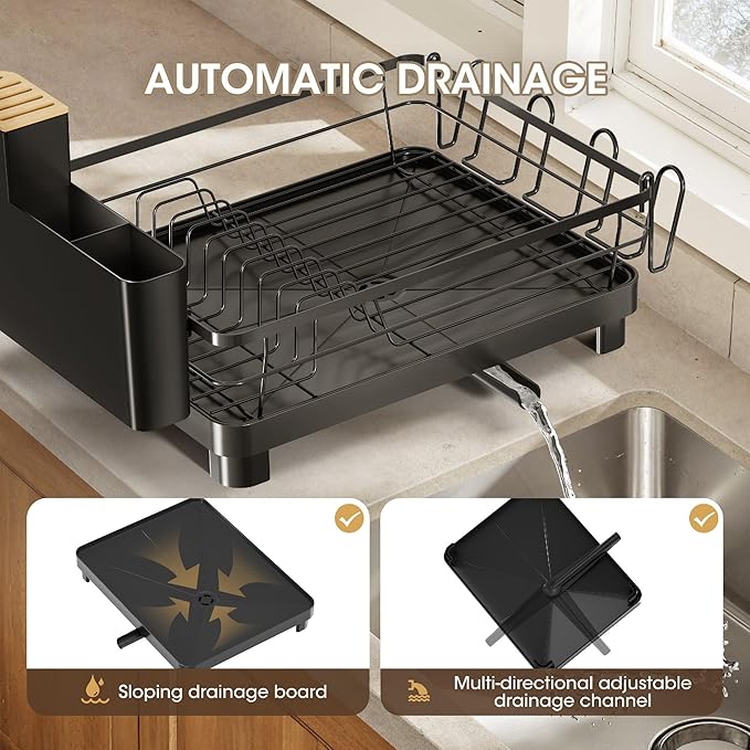 Runnatal Dish Drying Rack with Drainboard for Kitchen Counter and Sink | Large Dish Rack Rustproof Dish Drainer with Detachable 2-in-1 Utensil Holder, Extra Cup Holder, Black