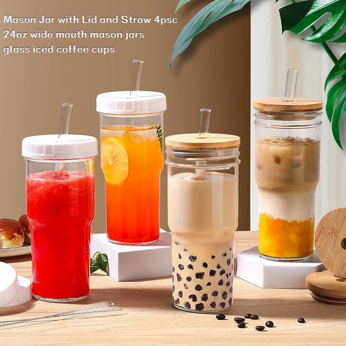 DWTS DANWEITESI Mason Jar with Lid and Straw,24 oz Iced Coffee Cup with Bamboo Lid and Straw,Boba Cups Smoothie Tumbler-Wide Mouth Reusable Glass Cups with Lid and Straws【4 Pack】 710ml