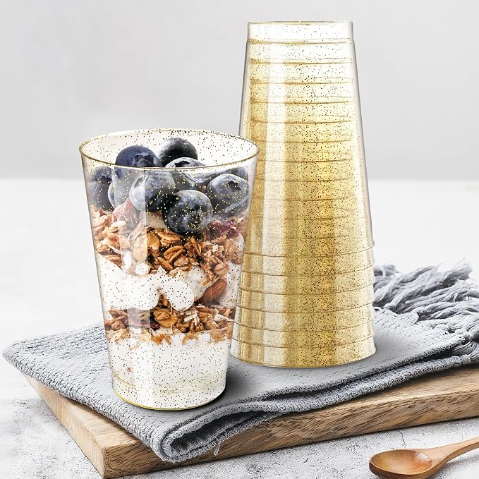 Byvivace [100 Pack 12oz Plastic Cups with Gold Glitter Sturdy & Food Safe Plastic Wine Glasses Disposable Cups Wedding Cups Party Cups Drinking Tumblers for Wine, Cocktails and Cold Beverages