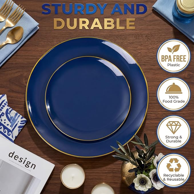 KIRE 175Pcs Blue Plastic Plates - Navy Blue Plates Disposable - 25 for Dinner 25 for Dessert 25 Pre Rolled Napkins with Gold Plastic Silverware and 25 Cups for 4th of July/Wedding/Party