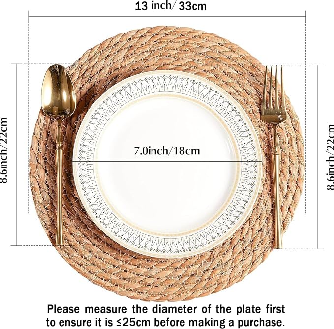 Handmade Heat Resistant 13" Round Woven Placemats Set of 12, Wicker Boho No Chemical Natural Water Hyacinth Place Mats, Farmhouse Table Mats for Kitchen Dining Table,Home Decorations,Wedding