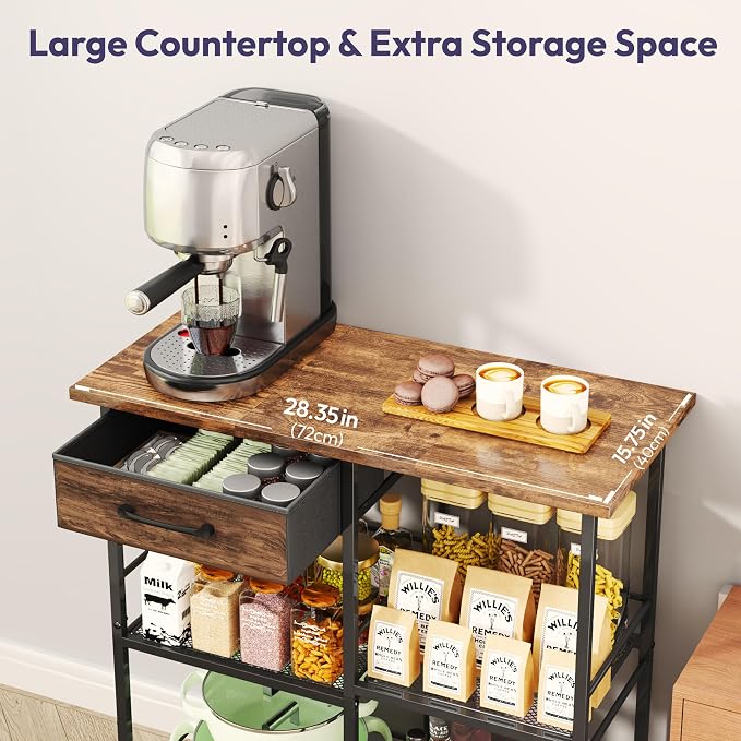 SWTYMIKI Bakers Rack with Storage - Coffee Bar Cabinet Organizer, Coffee Station for Kitchen Dining Room, Microwave Stand with Adjustable Feet, Espresso