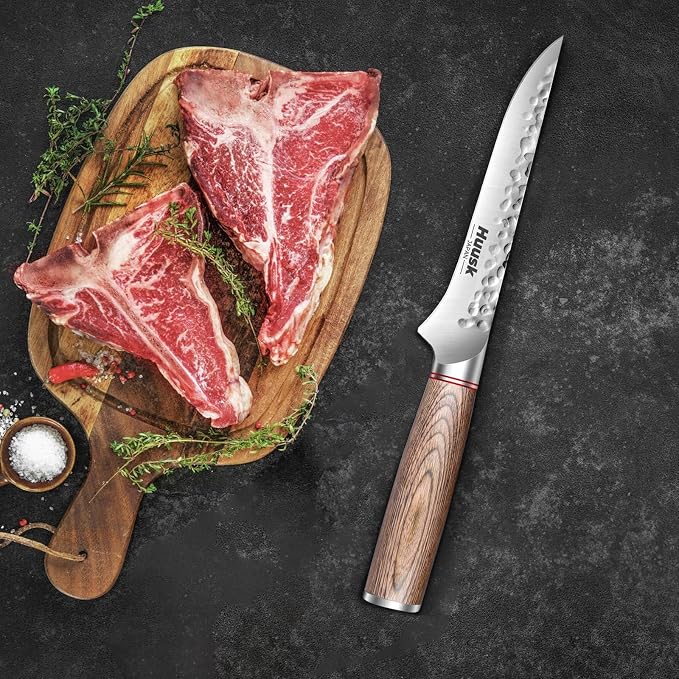 Huusk Boning Knife for Meat Cutting with Ergonomic Pakkawood Handle | 6.5" Hand Forged Japanese Fillet Knife for Meat Fish Poultry, Deboning Butcher Knives for Processing, Gift for Cooking lovers