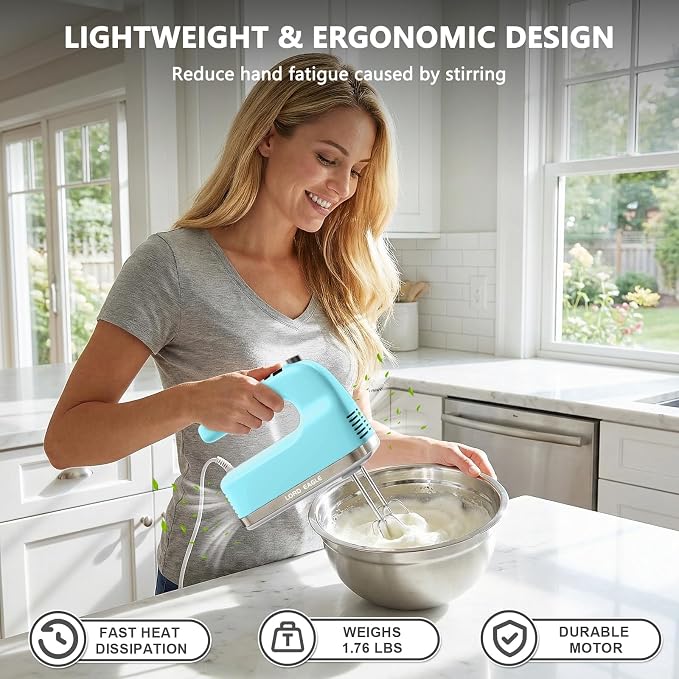 Lord Eagle 9-Speed Digital Hand Mixer Electric Handheld, 500W DC Motor | Kitchen Mixer for Cake Baking, Lightweight Egg Beaters with Stain-resistant & Waterproof Storage Bag & 6 Accessories, Blue