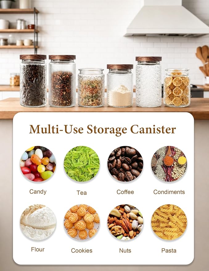 Vintage Glass Jars with Wood Lids - 34 OZ Airtight Storage Container for Kitchen Pantry Bathroom, Decorative Canisters for Coffee Beans, Brown Sugar, Cookie, Candy, Tea Bag, Dog Treat, Flour