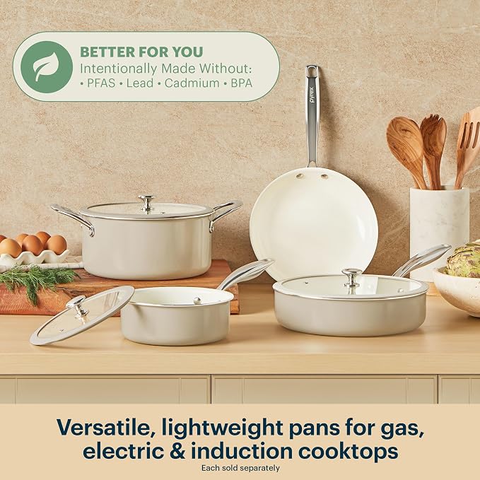 Pyrex 3-Piece Ceramic Cookware Fry Pan & Saucepan Set with Lid & Handles | Healthy nonstick ceramic coating, induction compatible stainless steel, PFAS Lead Cadmium BPA Free