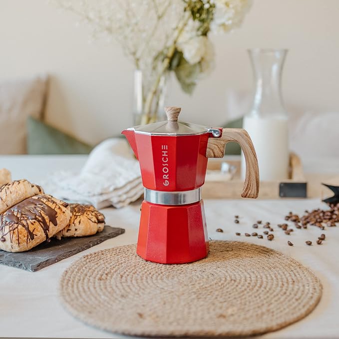 GROSCHE Milano Stovetop Espresso Maker Moka Pot 9 espresso Cup 15.2 oz Red | Cuban Coffee Maker And Italian Moka Pot For Stovetop Espresso; For Gas, Electric, And Propane Stoves With A Soft-Touch Handle