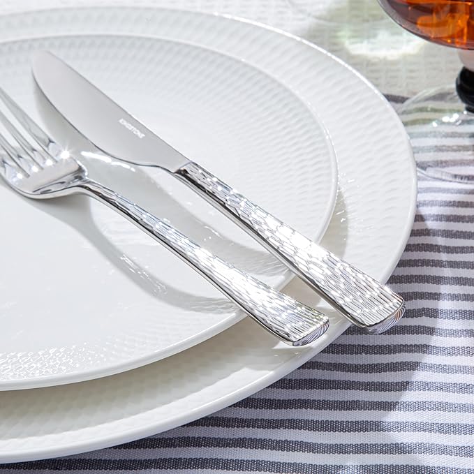 Silverware Set for 8, 40 Piece Flatware Set, 18/10 Stainless Steel | Hammered Mirror Polished Ripple Handles, Dishwasher Safe, Rust Resistant, for Home Kitchen, Wedding, Party, Housewarming Gift
