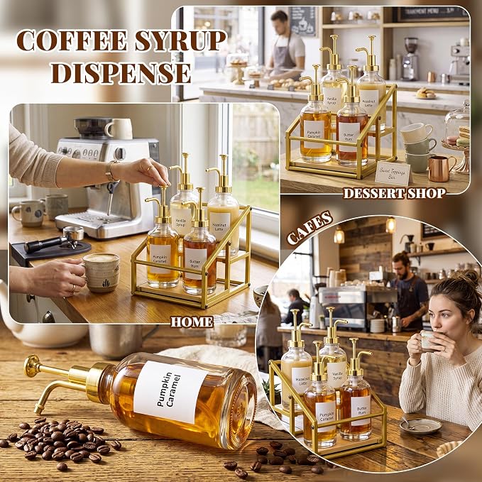 Coffee Bar Accessories, 4 Pack 16.9oz/500ml Coffee Syrup Dispenser with 1/4oz Pump, 2-tier Syrup Rack Organizer, Labels, Straw Brushes, Funnels for Kitchen Countertop, Wine, Dressing Storage