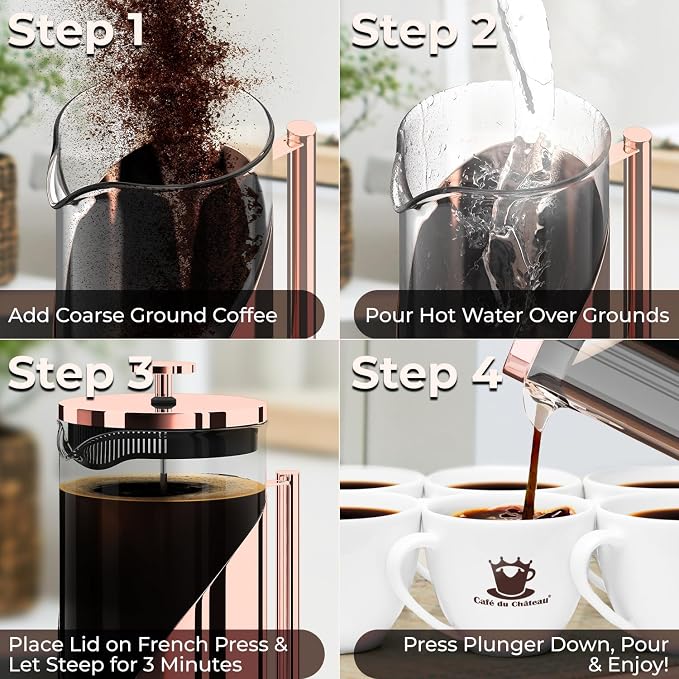 Cafe Du Chateau Stainless Steel French Press Coffee Maker 34 oz - Easy to Use Insulated Coffee Press with 4-Level Filtration, Manual Brewer for Tea, Camping & Travel with BPA Free, Durable Clear Glass