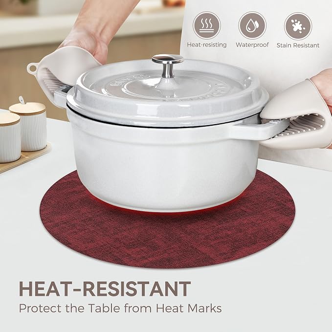 13" Round Placemats Set of 8, Reversible Faux Leather Wipeable Table Mats | 2mm Vinyl Heat Resistant, Waterproof Oilproof Scratch Proof Non-Slip, Washable for Kitchen Dining Indoor Outdoor (Burgundy)