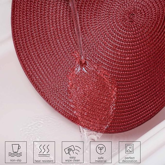 AHHFSMEI Round Placemats Set of 6 Heat Resistant Washable Non-Slip Woven Braided Table Mats for Dining Table Kitchen & Home Decor (Burgendy Red)