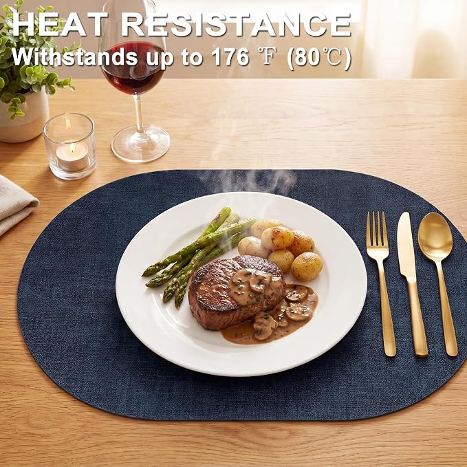 Placemats Set of 4-17" x 11.8" Waterproof & Heat Resistant Oval Place Mats, Wipeable Washable Double Layer Faux Leather Table Mats, Dark Blue