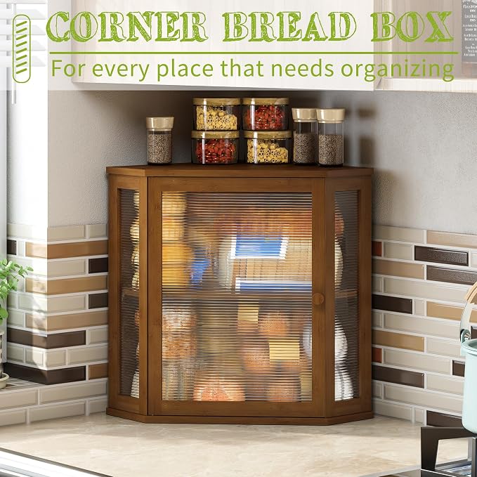 BMOSU Corner Bread Box for Kitchen Countertop Double Layer Bamboo Wooden Bread box Large Capacity Bread Storage Bin(Brown, Extra Large)