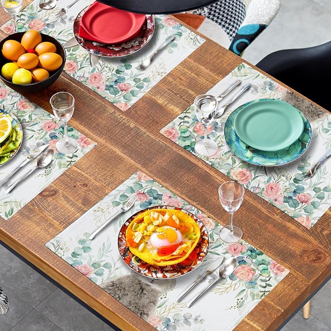 Easter Bunny Placemats Set of 4 Eucalyptus Leaves Rabbit Rose Place Mats 12x18 Inch Spring Seasonal Vintage Farmhouse Heat Resistant Washable Table Mats for Party Kitchen Dining