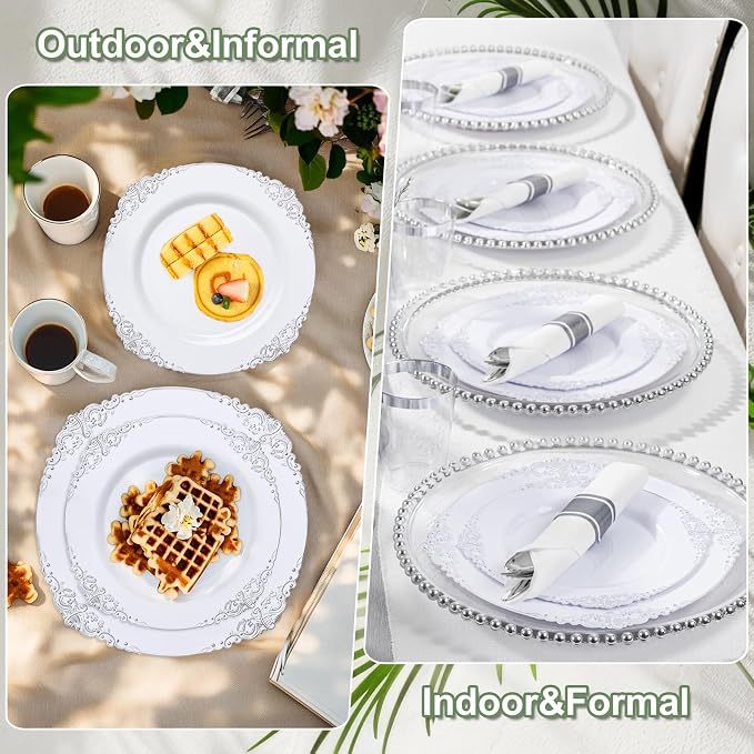 Nervure 700Pcs Silver Plastic Plates, Plastic Dinnerware Set for 100 Guests | 100 7.5" Dessert & 100 10.25" Dinner Plastic Plate, 300 Cutlery, 100 10oz Cups, 100 Napkin for Wedding & Party, Heavy-duty