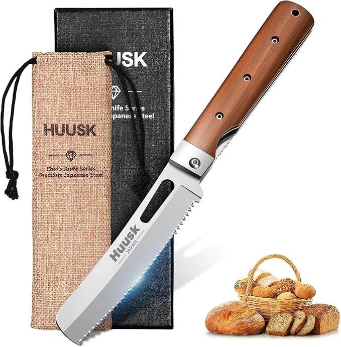 Huusk Folding Bread Knife for Homemade Bread - Portable Bread Knives | 440C Stainless Steel, Wooden Handle, Gift Box, Wide Wavy Edge for Steak, Tomato