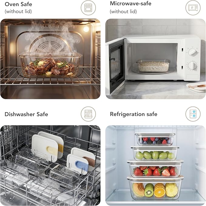 GGENICOOK 4 Pack Glass Produce Containers for Fridge with Slide Lid | 129oz Borosilicate Glass Food Storage Containers, Stackable Fridge Organizer, BPA Free, Microwave, Oven & Dishwasher Safe