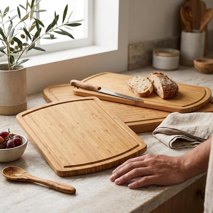 Bamboo Cutting Boards for Kitchen, Non Toxic Wooden Chopping Board Set | Carbonized Dark Color, Deep Juice Groove, Knife-Friendly, Side Handles, Reversible, for Meat, Veg, Fruit, Cheese