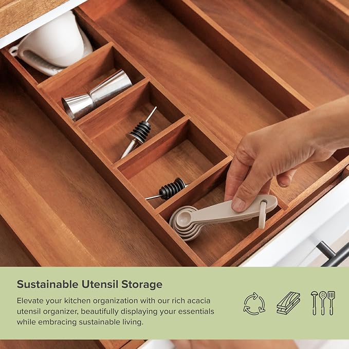Utensil & Junk Drawer Organizer, 16-28 in, Acacia | Food-safe contract grade, 100% sustainable wood, non-slip, adjustable