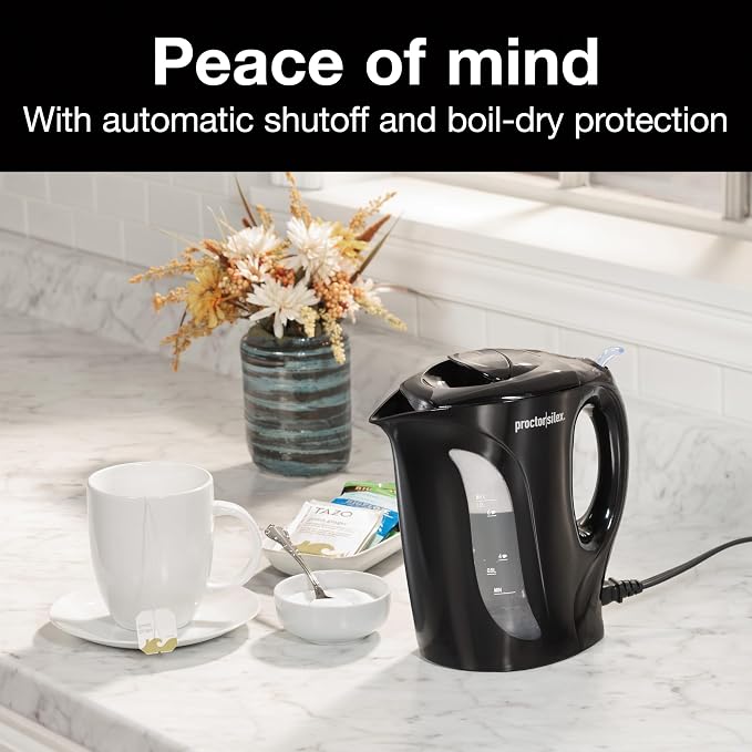 Proctor Silex 1 Liter Electric Tea Kettle, Water Boiler & Heater | Fast Boiling 1000 Watts | Cordless Serving | Auto-Shutoff & Boil-Dry Protection | Black | K2071PS
