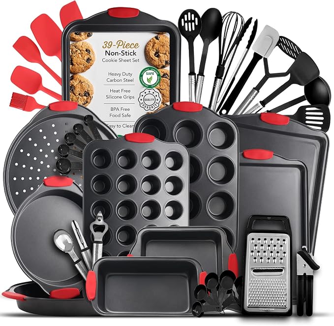 Eatex Nonstick Baking Sheet Set, 39-Piece Baking Pans Set with Silicone Handles, Carbon Steel Cookie Sheets for Baking, Commercial Grade Quality Bakeware Sets Includes Kitchen Utensils Set and More