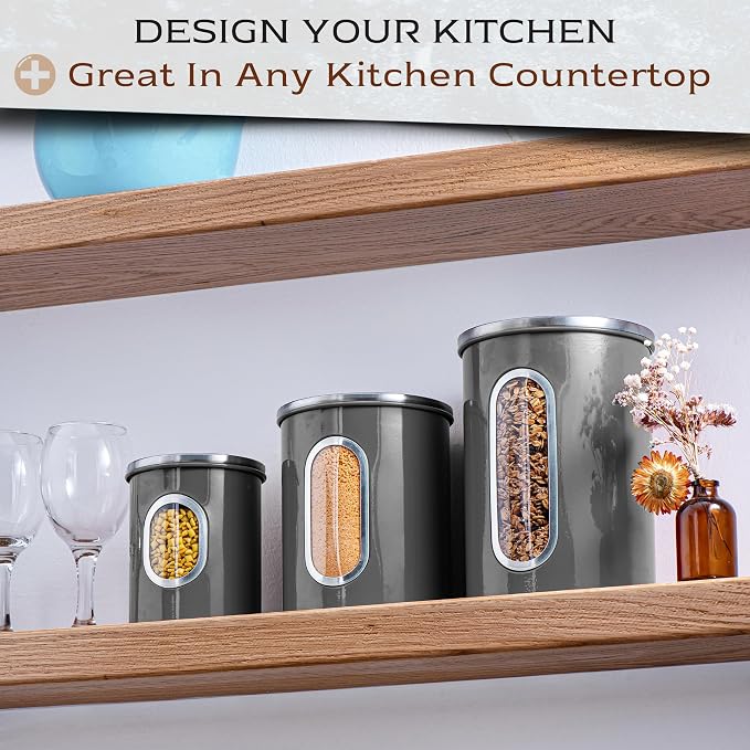 Moss & Stone 3-Pcs Gray Canisters Set for Kitchen Storage Airtight Jars | See-through window, coffee container, tea organizer, sugar canister, 3 nesting sizes, counter decor, easy press-on lids