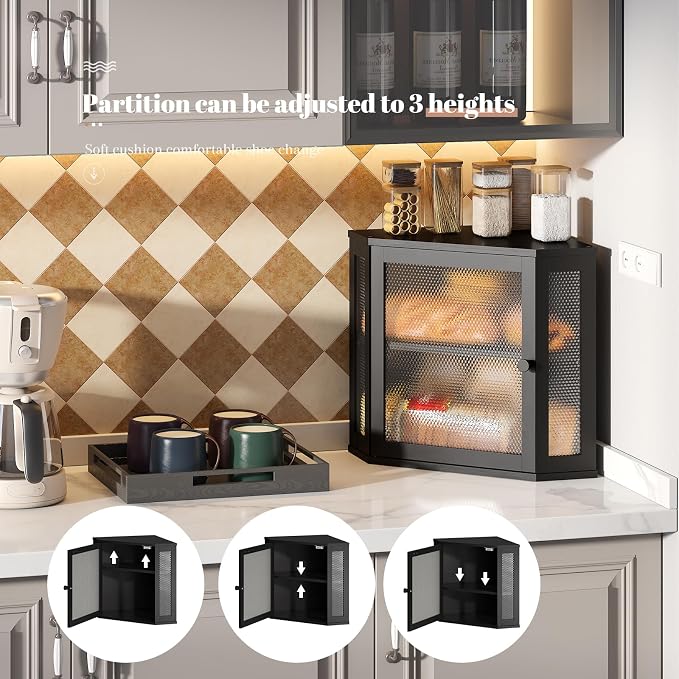 STDDRE Corner Bread Box Kitchen Countertop Extra Large Capacity Farmhouse Bread Box, Corner Countertop Storage, Double Layer Bread Holder (Black, Large)