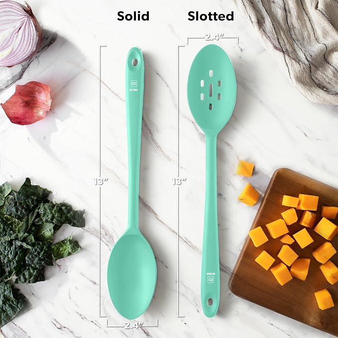 DI ORO Silicone Cooking Spoons - Solid & Slotted Set, 2-Pc Mint | Large heads for mixing, serving, and stirring; Heat-resistant to 600F for nonstick cookware; BPA-free and dishwasher safe