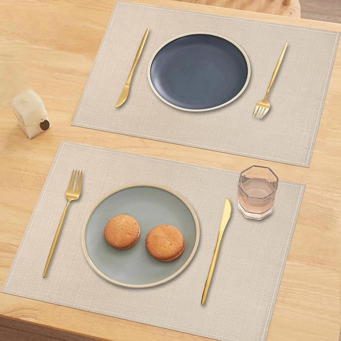 Beige White Placemats Set of 4, 12x18 Inch Washable Easy to Clean Heat-Resistant Anti-Skid Beige Placemats for Holiday Party Kitchen Dining Room Decoration