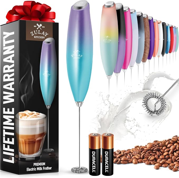 Zulay Powerful Milk Frother for Coffee with Upgraded Titanium Motor - Handheld Electric Whisk, Milk Foamer, Mini Mixer & Coffee Blender for Frappe, Latte, Matcha, No Stand - Faded Purple