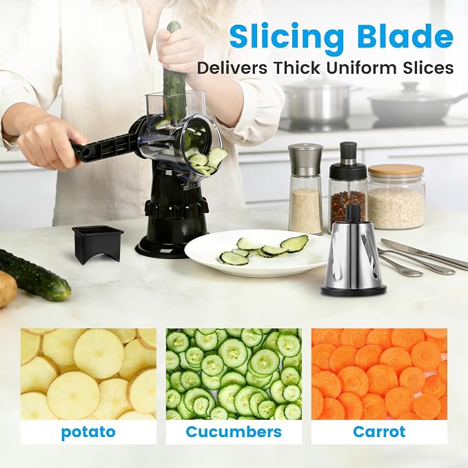 Rotary Cheese Grater Hand Crank, Vegetable Slicer with 5 Blades, Stable Suction, Labor-Saving Handle, Cheese Shredder for Potato Vegetables Nuts Chocolate, Black