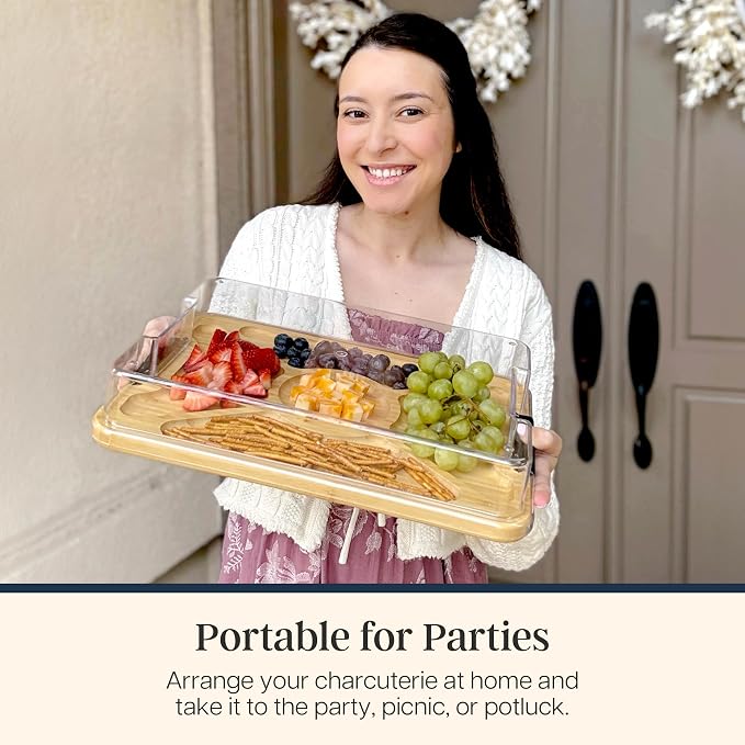 Totally Bamboo Flip, Serve & Store Reversible Charcuterie Board with Lid | Portable 5-compartment serving board with clear locking cover for travel. Cutting board side includes juice groove for prep.