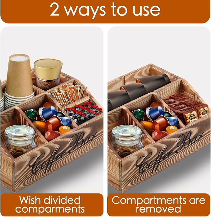 Wood Coffee Station Organizer for Counter | Farmhouse Coffee Bar Organizer | Coffee Pods Holder Bar Accessories | Tea Condiment Basket | Home Decor