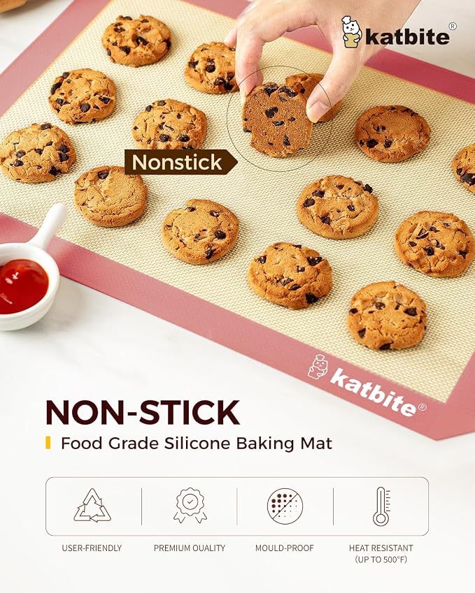 Katbite Silicone Baking Mat Set of 3 Pink | 2 Half Sheets Mats + 1 Quarter Baking Sheet, Reusable & Nonstick Bakeware Mats for Cookies, Macarons, Bread