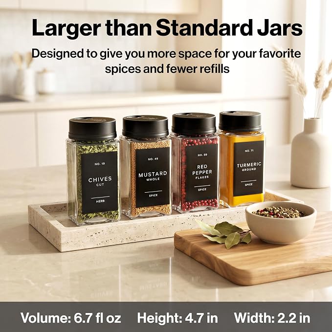 Glass Spice Jars with Labels & Black Rotating Lids – 12 Large Square Airtight Containers 6.7 oz / 200ml with Shaker Inserts, Funnel & 160 Waterproof Labels for Kitchen Pantry Organization
