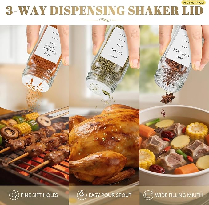 ZEHIQ 48Pcs 4oz Square Glass Spice Jars with Labels and Acacia Wood Lids | Food-Grade Seasoning Containers, Moisture-Proof, Shaker Lids, 348 Labels, Markers, Funnel, Brush, for Cabinet Drawer