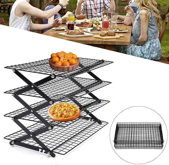 4-Tier Collapsible Cooling Rack, Adjustable Stackable Roasting Cooking Drying Wire, Barbecue Storage Display Shelf for Cookies Baking Picnic Party