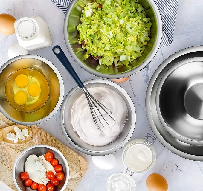 EATEX Stainless Steel Mixing Bowls with Measuring Cups & Spoons Set of 14 - Dishwasher Safe Nesting Mixing Bowl Set for Cooking, Baking & Meal Prep Non-Slip Premium Bowls
